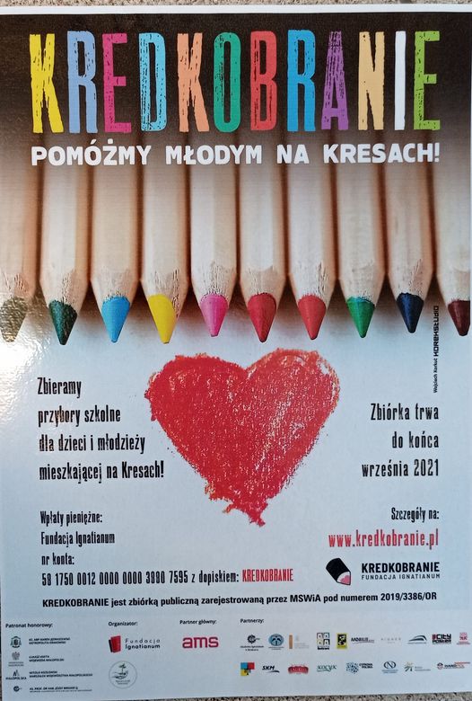 Plakat  dotyczący akcji zbierania przyborów plastycznych Kredkobranie