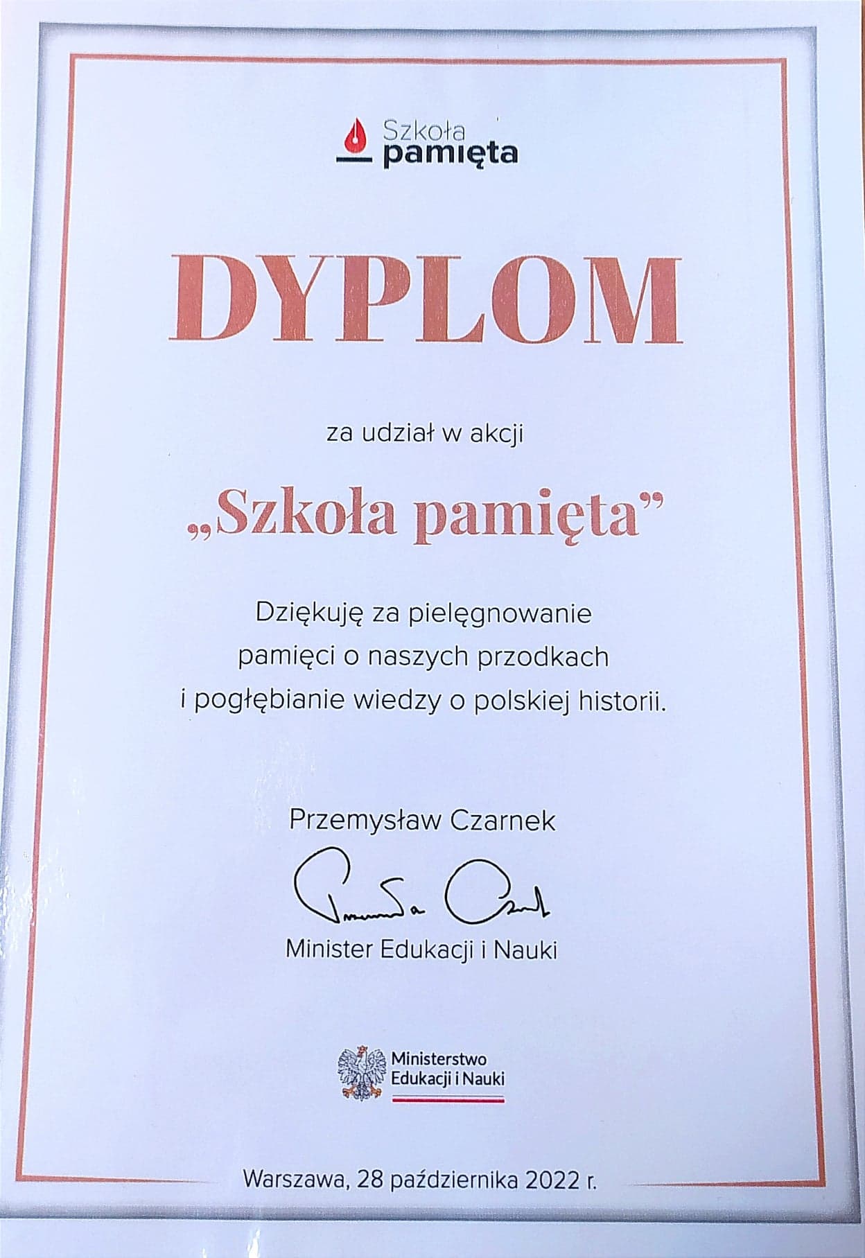 Dyplom z akcji Szkoła do hymnu