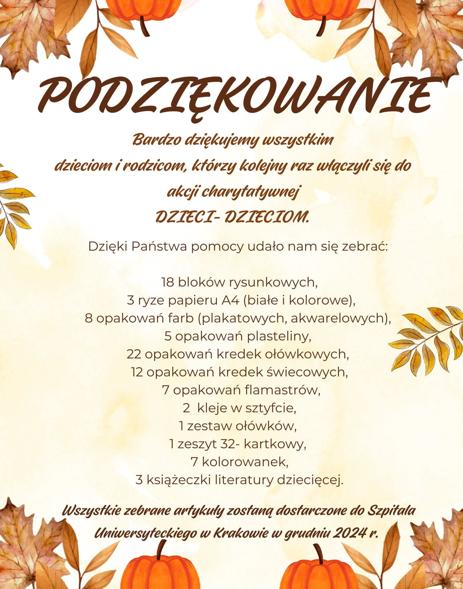 Podziękowanie za dary dla dzieci 