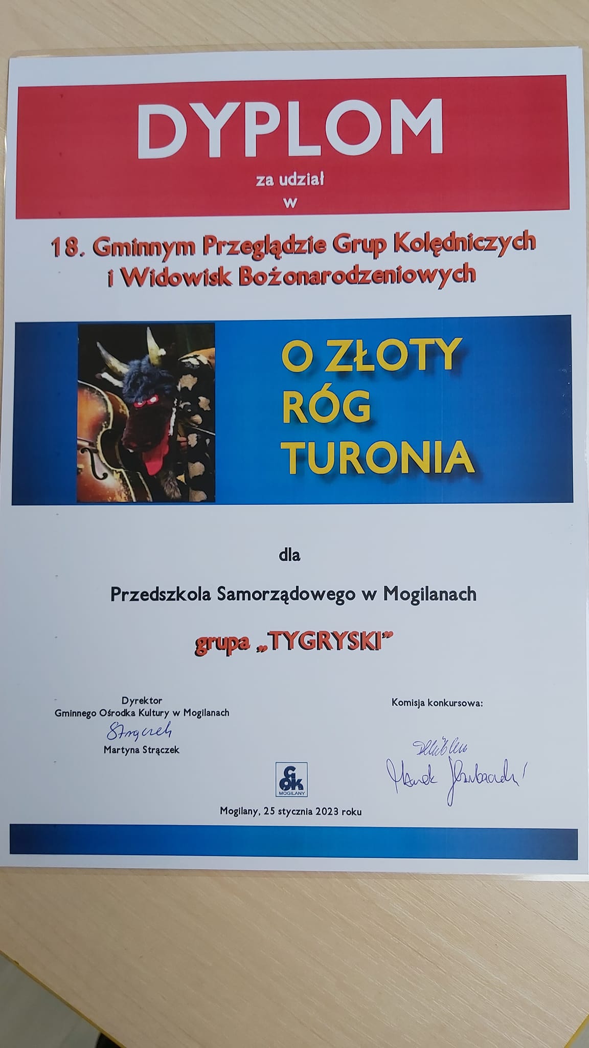 dyplom z konkursu o Złoty Róg Turonia