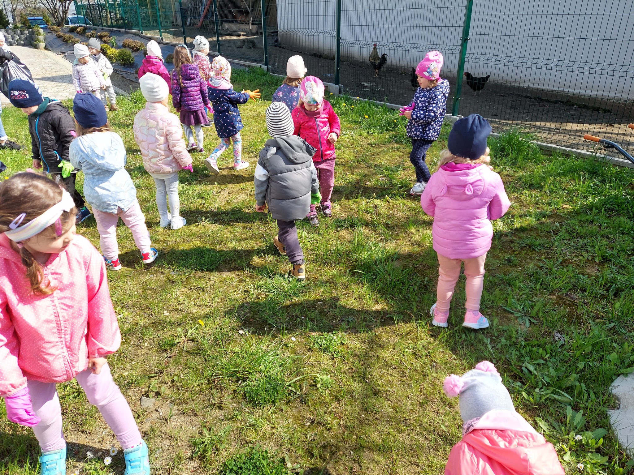 grupa Motylki sprząta teren wokół przedszkola