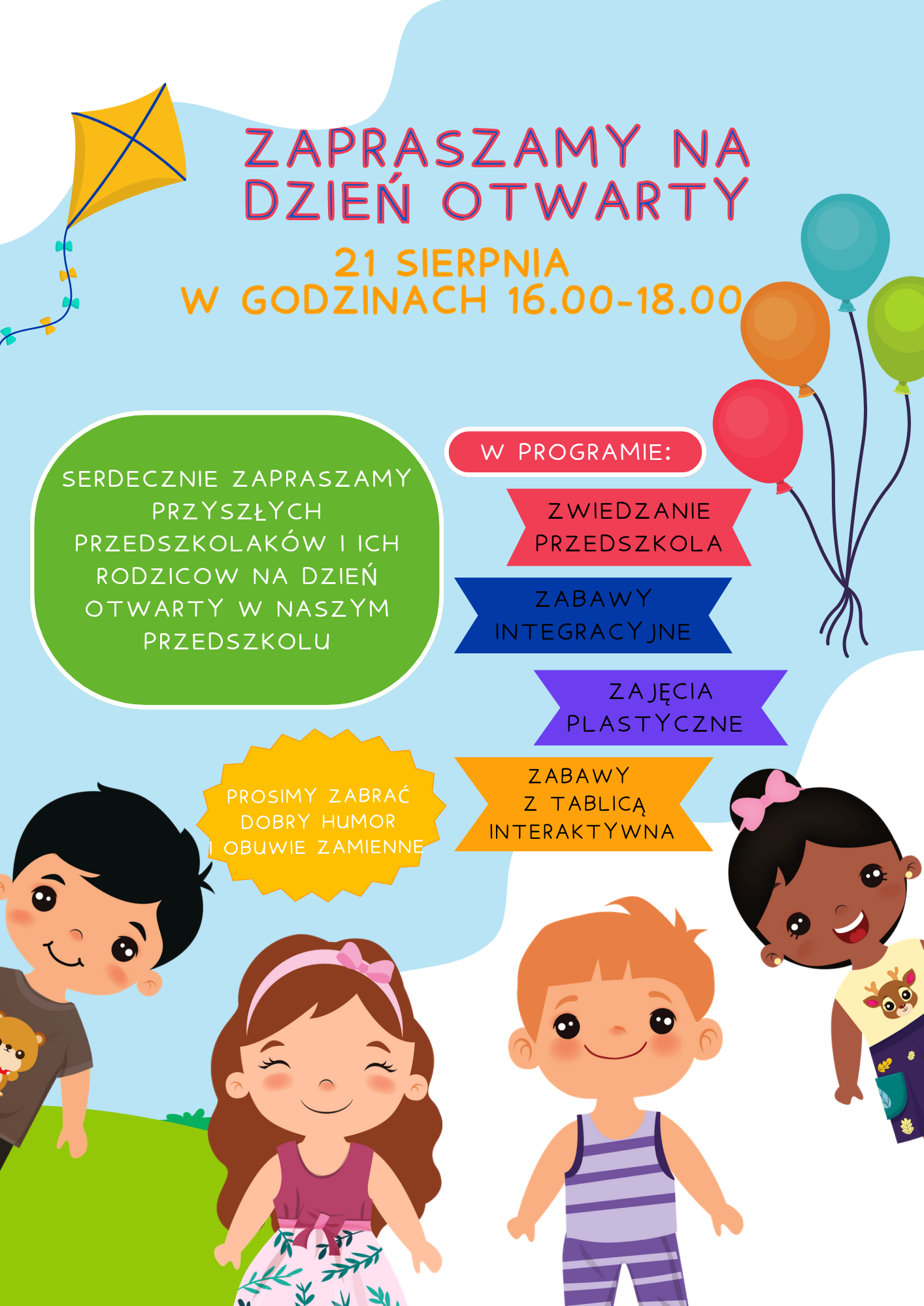 plakat Dzień Otwarty dla nowo przyjętych dzieci z Rodzicami