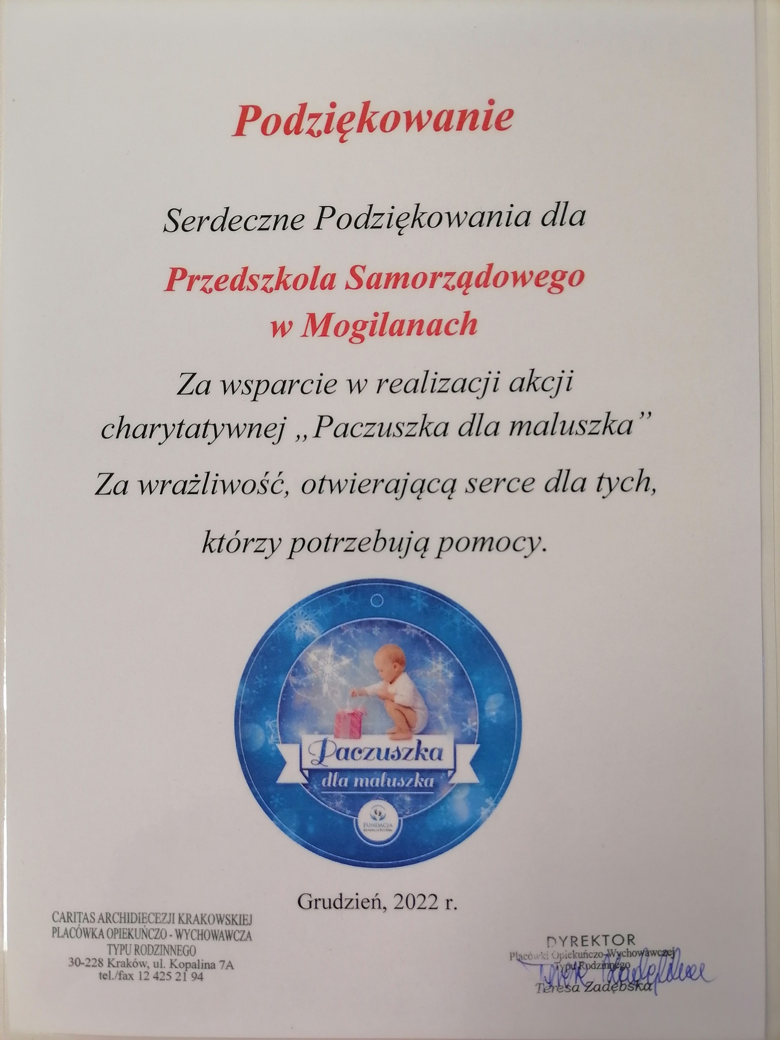 podziękowanie pismo